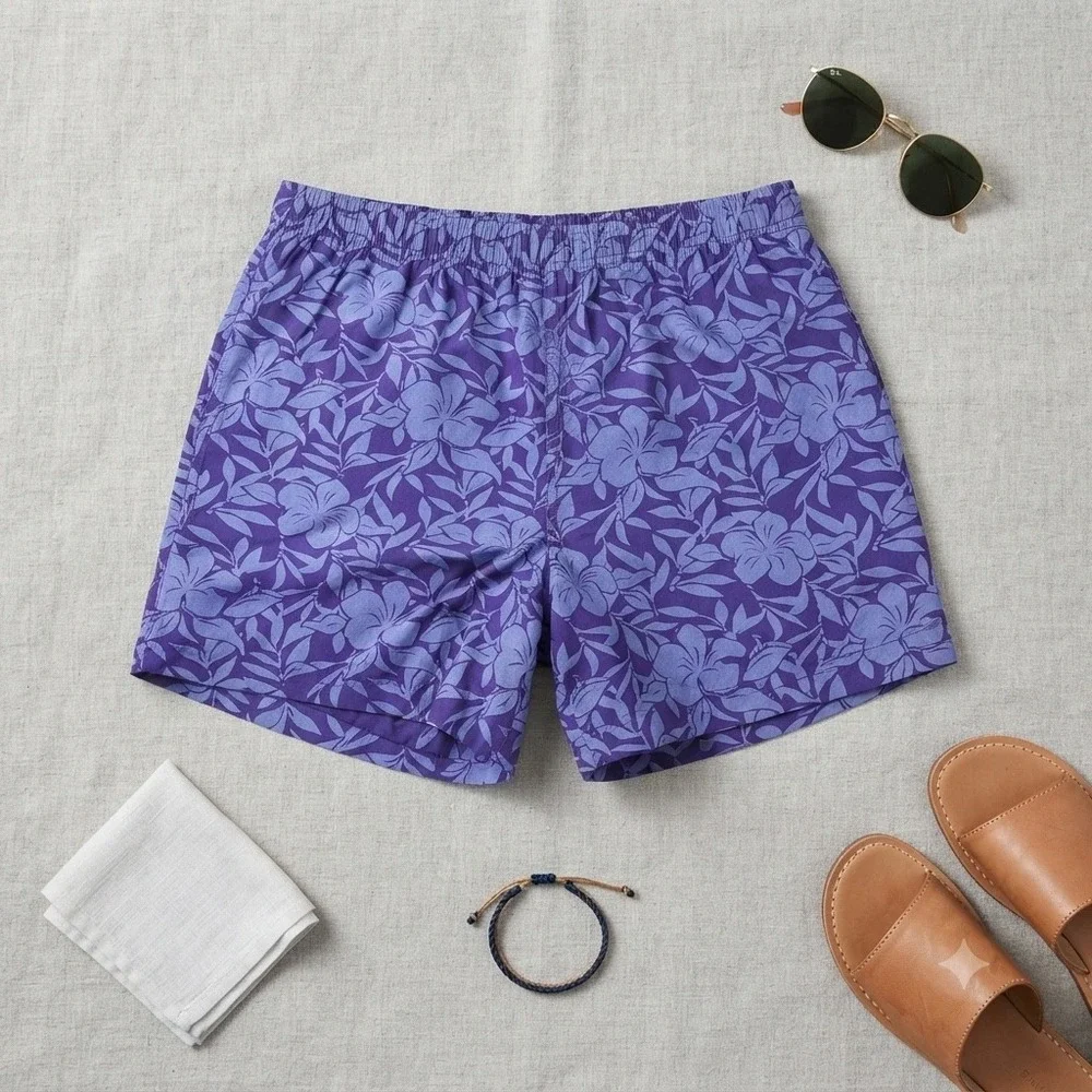 Lands End Mens Blue Floral Hibiscus Swim Trunks Board Shorts XL 40-42